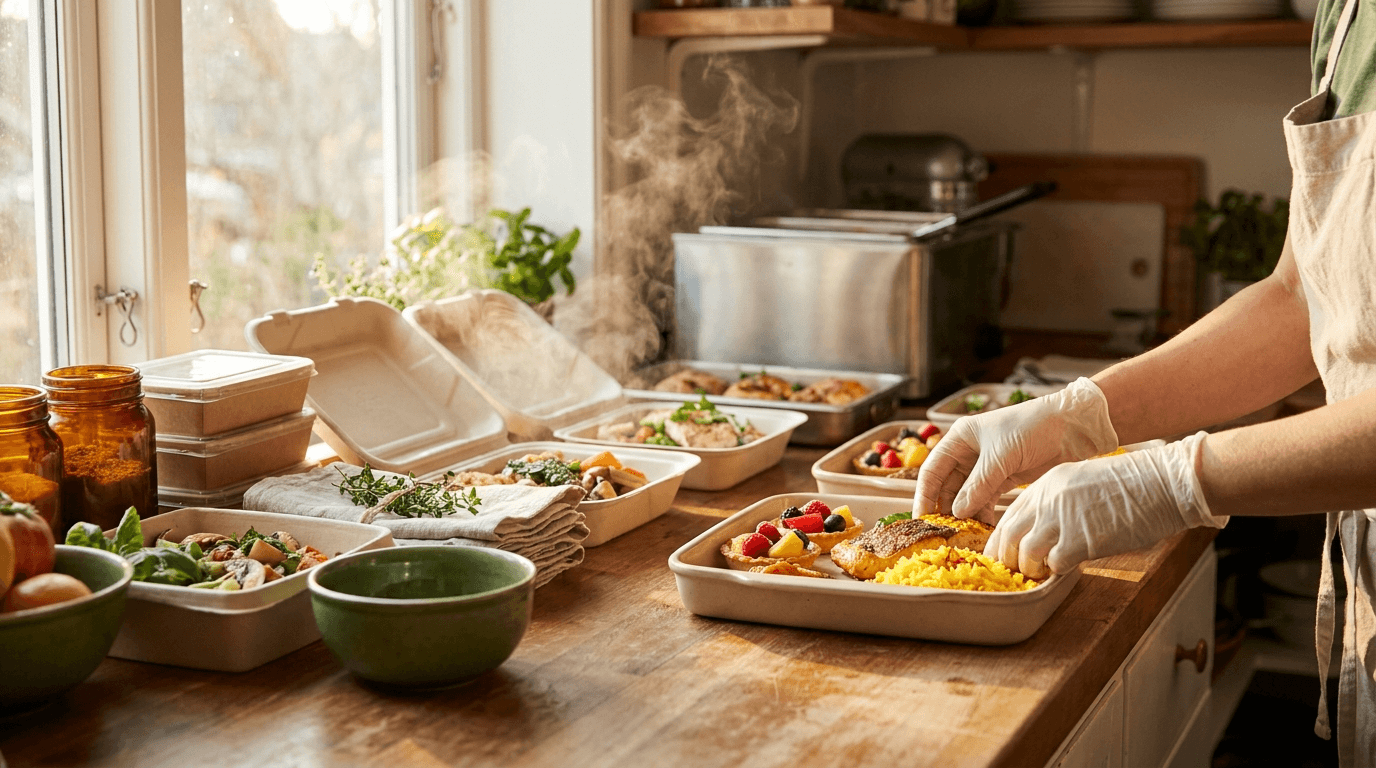 Hands plating a home catering tray with rice, fish, and desserts in a warm kitchen