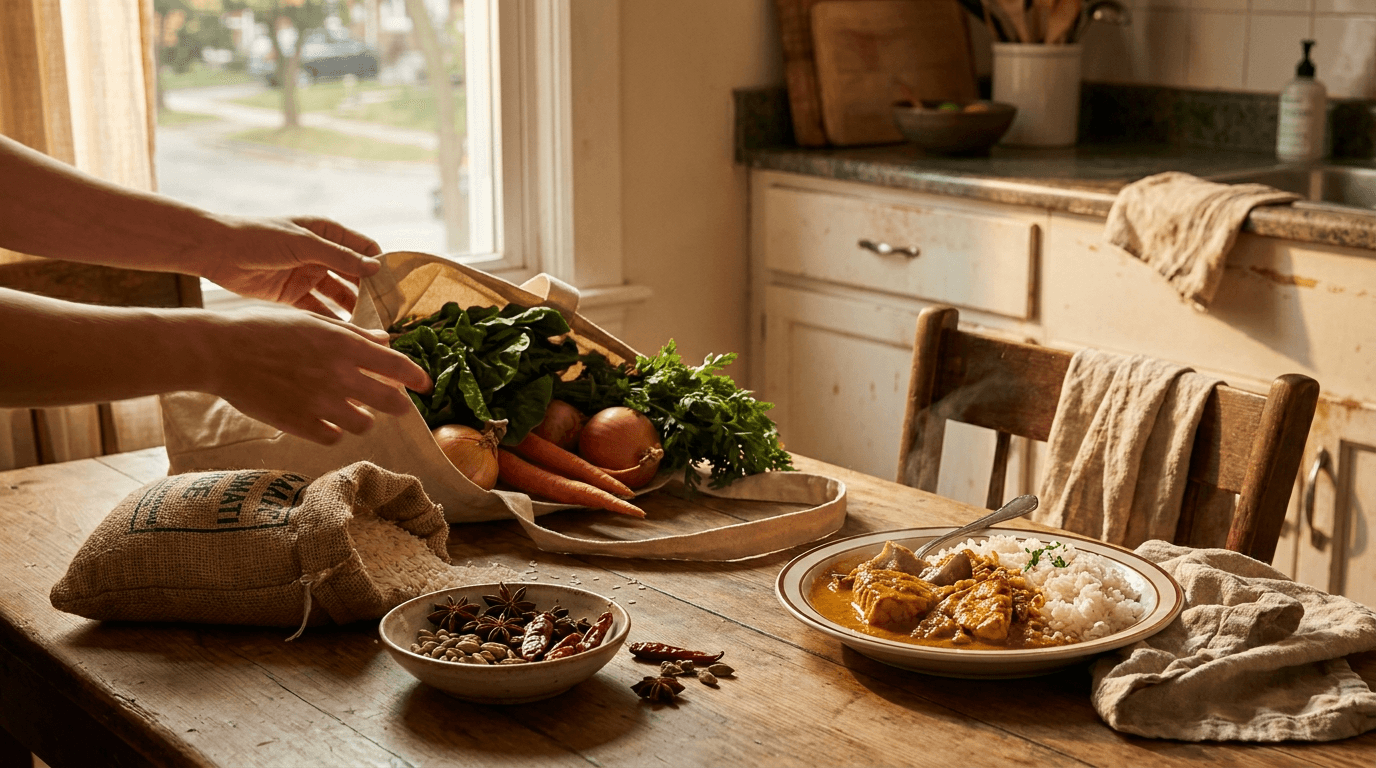 Fresh groceries and a home-cooked meal with rice and fish curry on a warm kitchen table