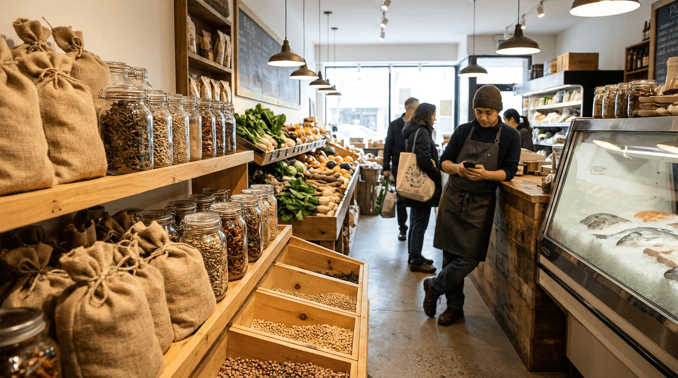 Inside a local grocery store with spices, rice, and fresh produce, staff checking a phone at the counter